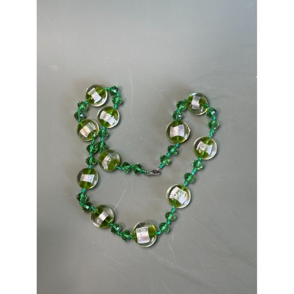 Artisan Designed Green Glass Beaded Silver Metallic Art Glass Necklace 18" - Picture 7 of 7